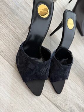 Saint Laurent Black Feather Slide Heels